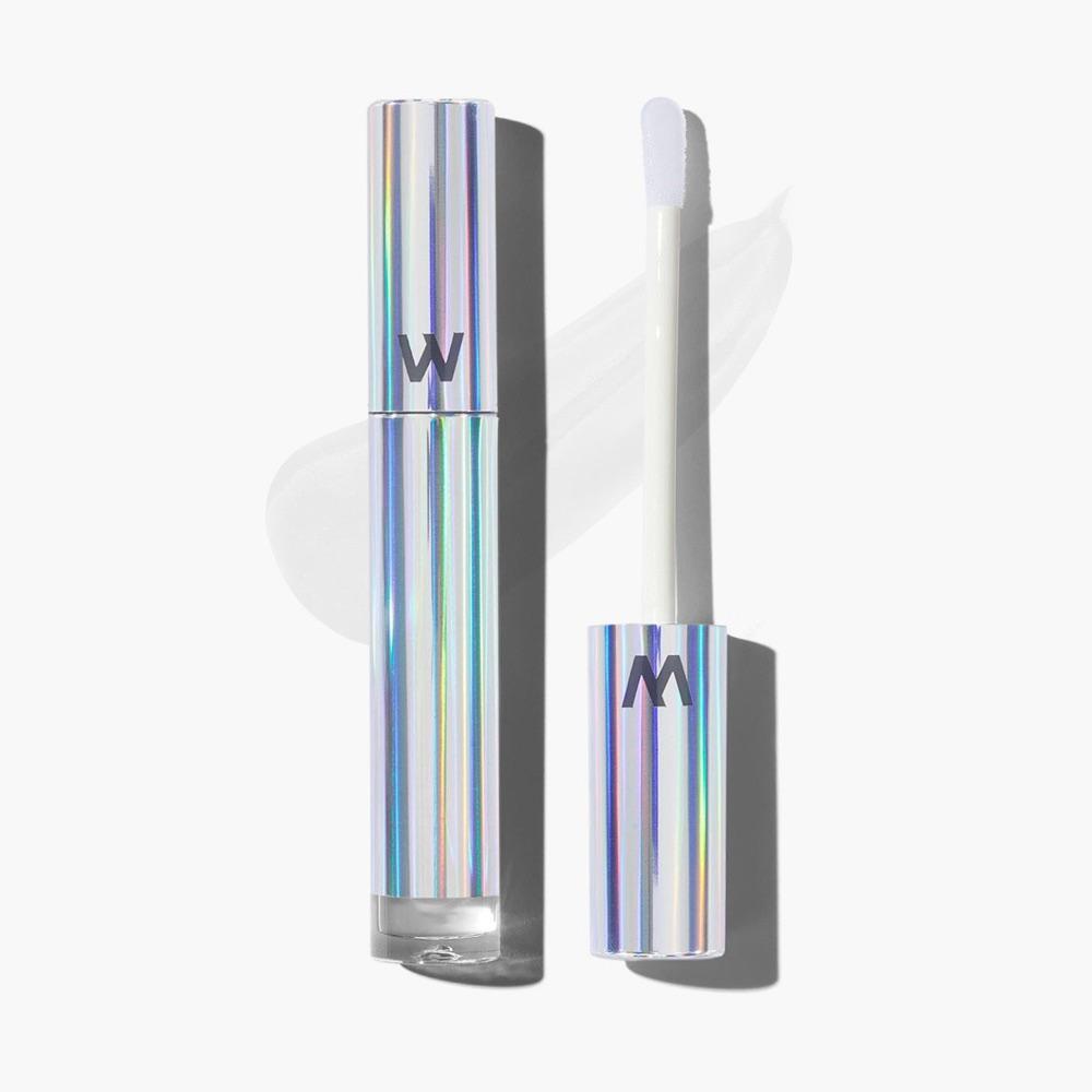 Wonderskin Wonder Blading Top Gloss in Clear Shine, a holographic tube with a clear wand applicator, and a clear swatch