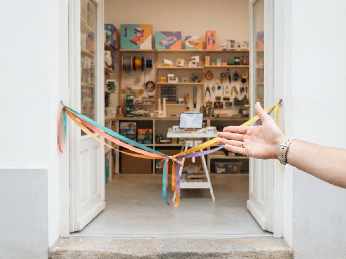 A hand gestures towards a small shop doorway tied with colourful ribbons, with a tablet on a workbench inside