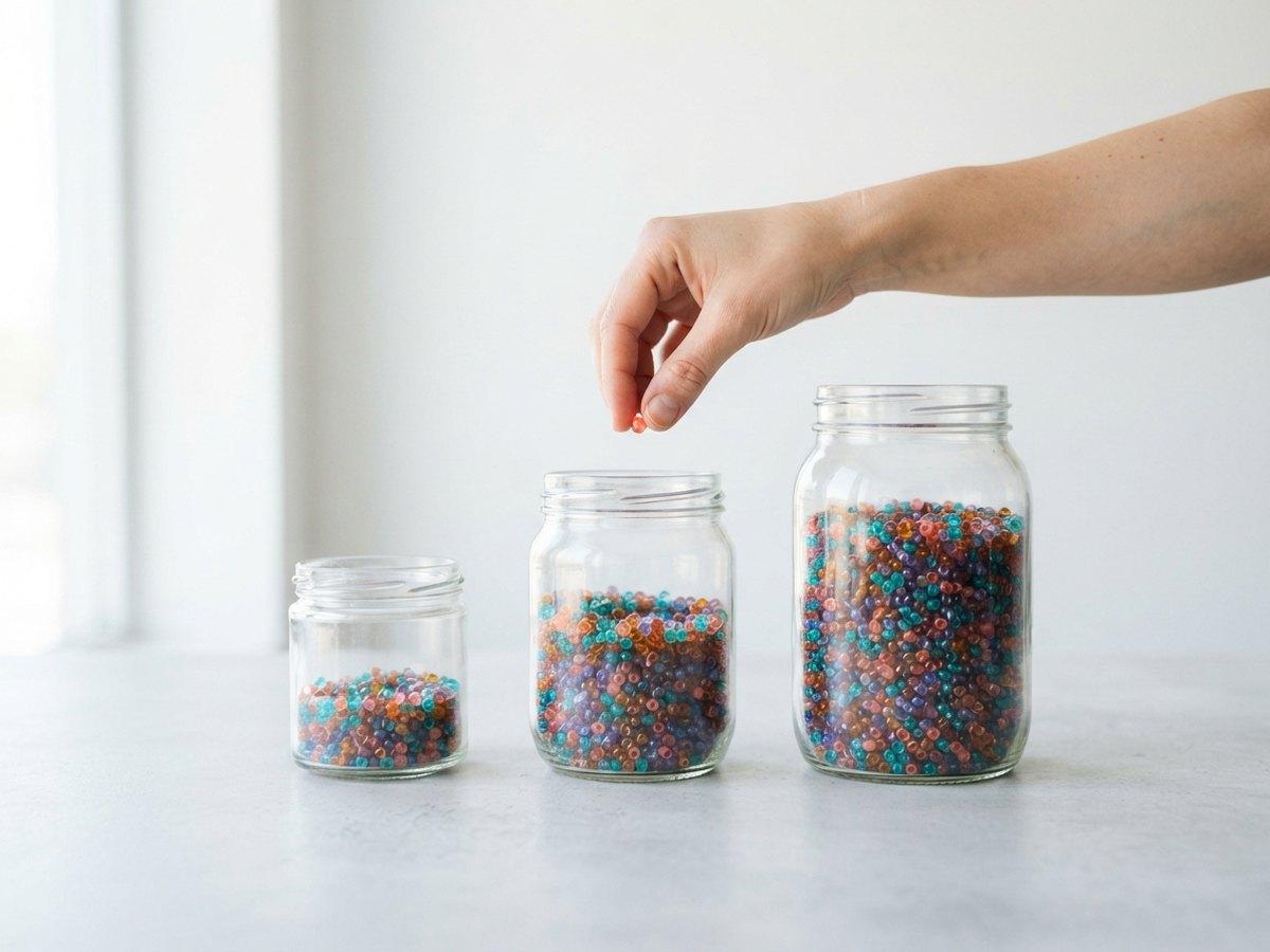 A hand dropping a bead over the middle of three glass jars holding rising levels of colored beads