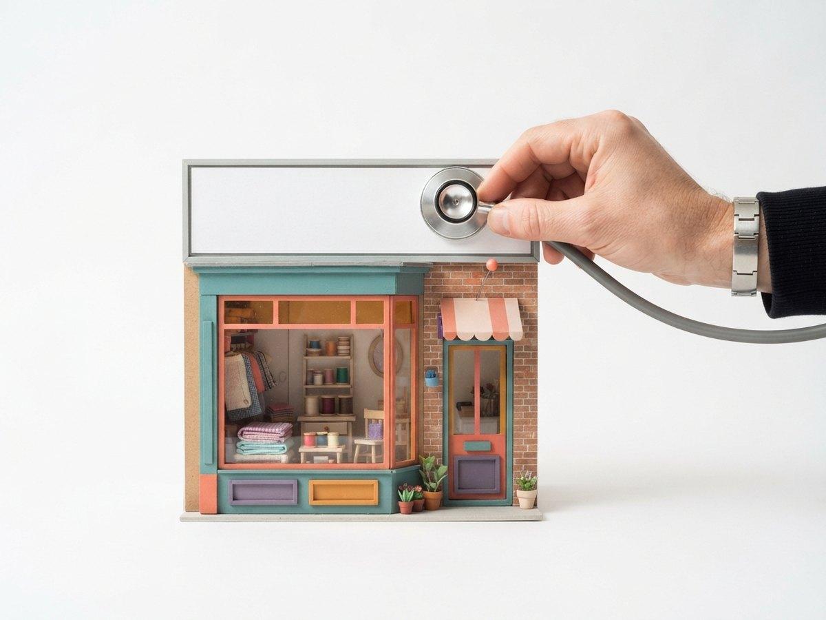 A hand holds a stethoscope against the blank sign of a miniature shop model with a brick front and striped awning