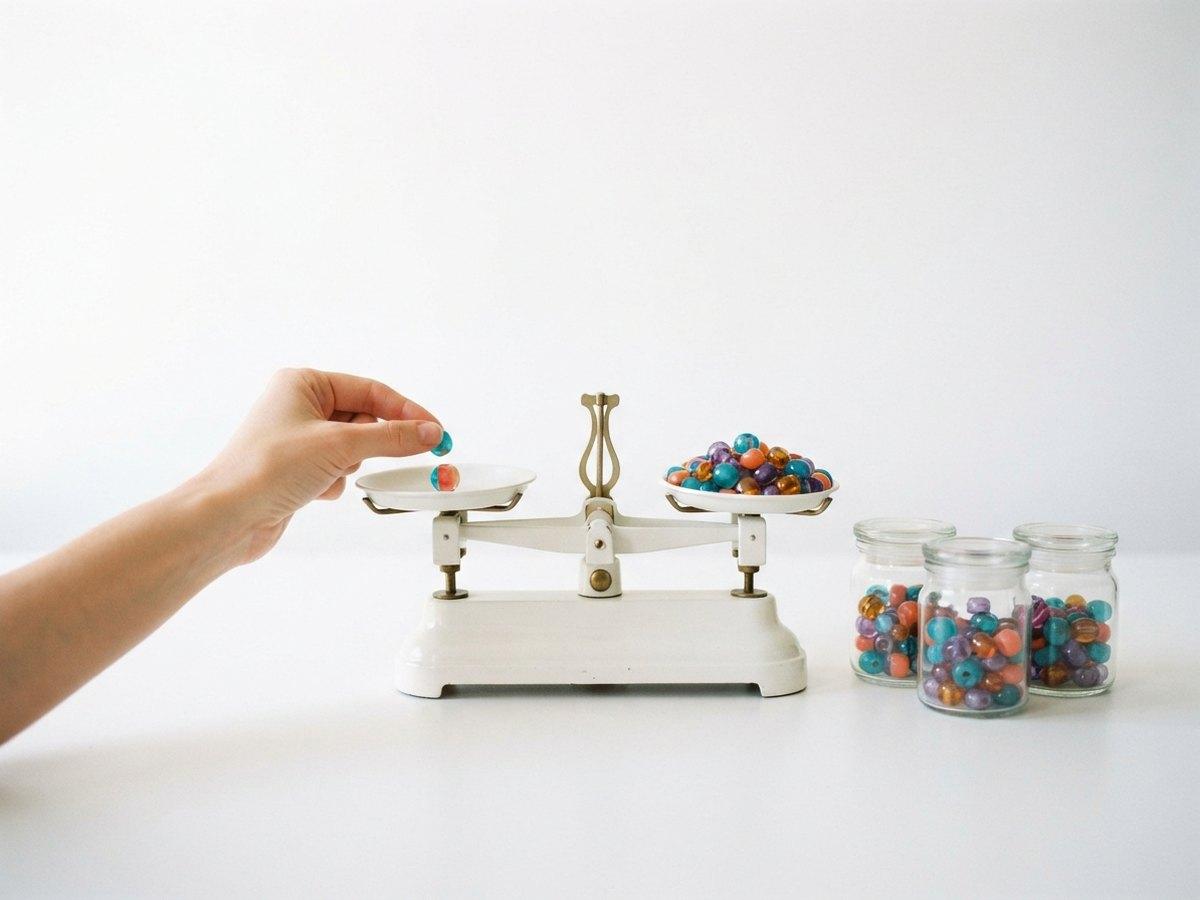 A hand drops a colored bead onto a small balance scale, with jars of beads standing beside it
