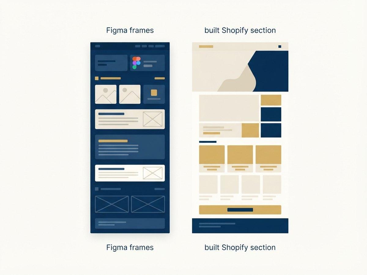Figma frames beside the built Shopify section they became