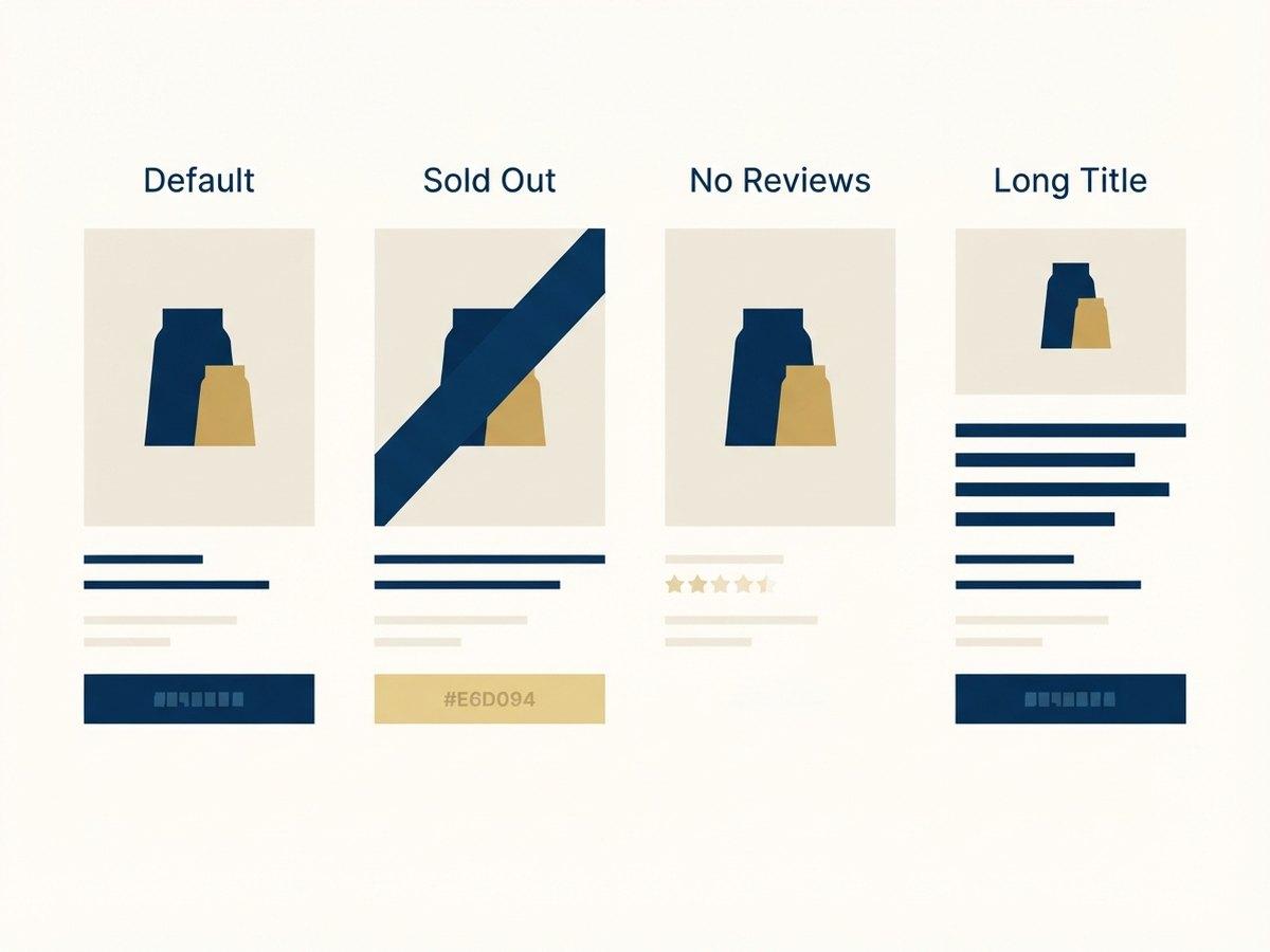 One product template drawn across its states: default, sold out, no reviews, long title