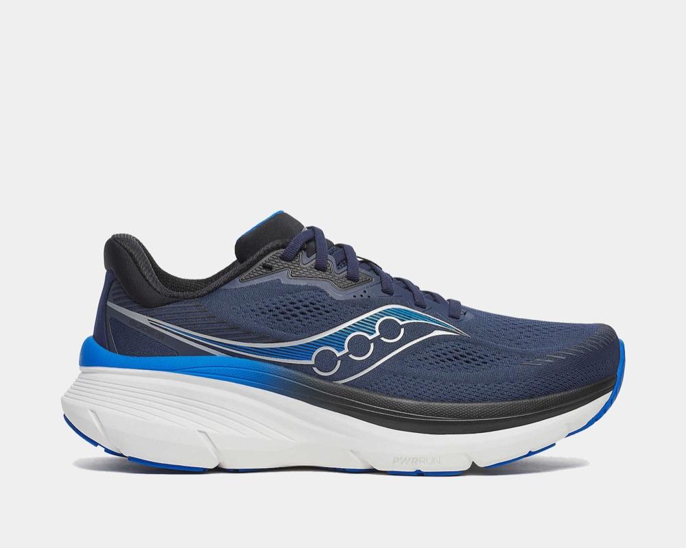 Saucony Guide 19 running shoe in navy with a royal blue midsole, side view on a plain light gray background