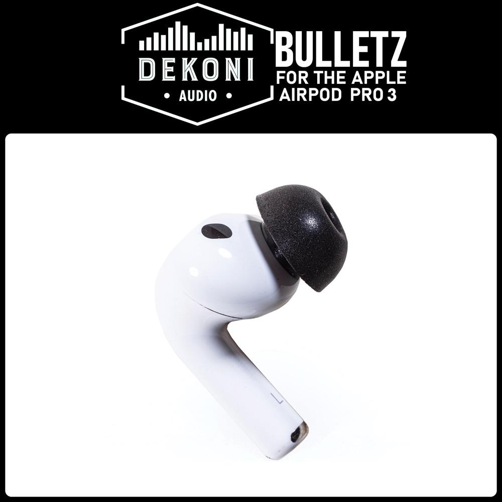 Dekoni Bulletz memory foam ear tip fitted to an Apple AirPods Pro 3 earbud, below the Dekoni Audio logo on a black banner