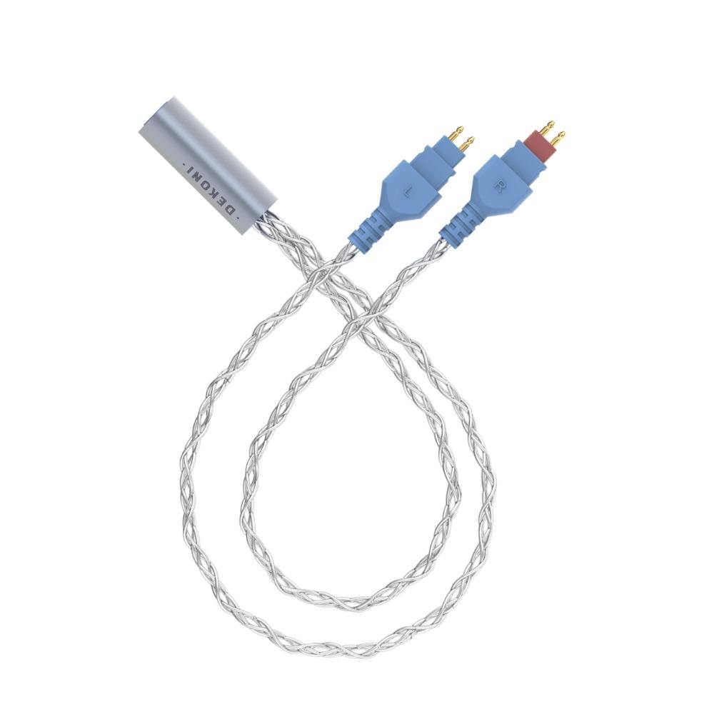 Dekoni Ensemble headphone cable with braided silver conductors and blue connectors marked L and R, on a white background