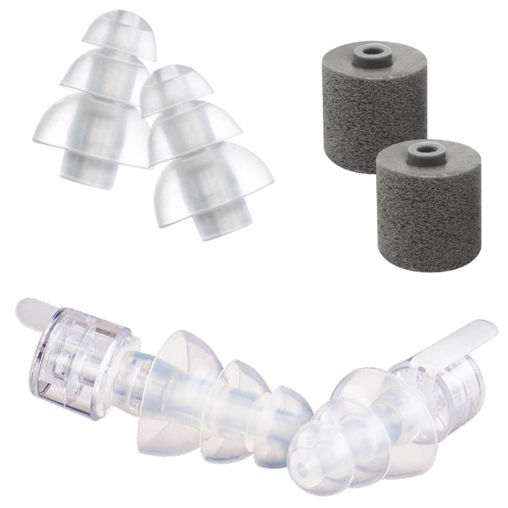 Etymotic ER20XS high fidelity earplugs: clear triple-flange eartips, gray foam eartips and a pair of clear earplugs