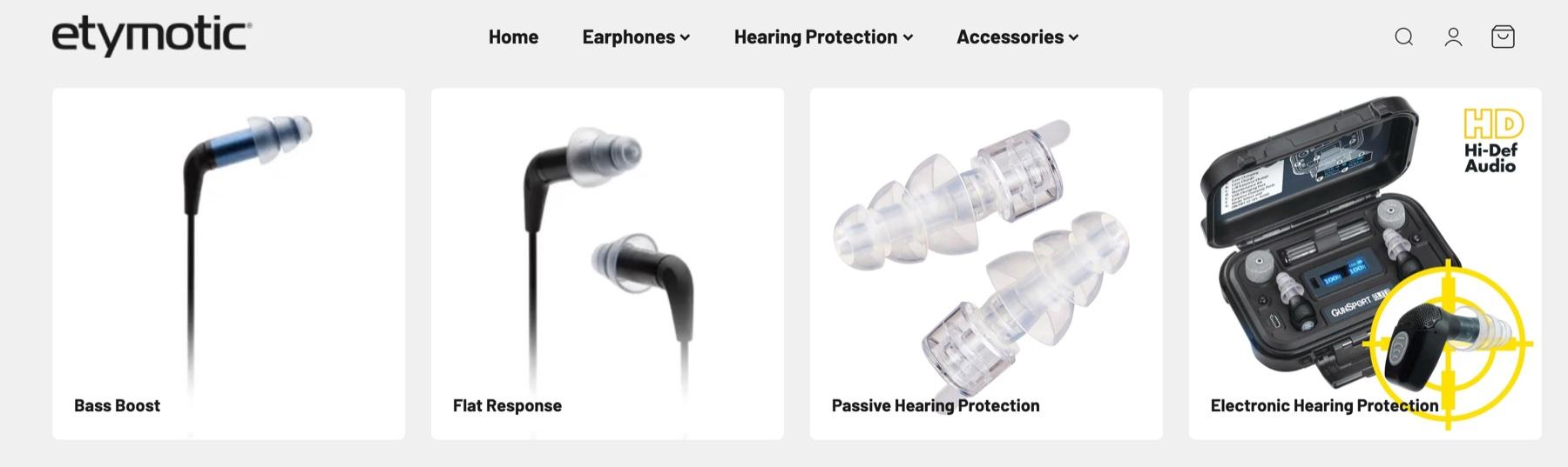 Etymotic storefront with the etymotic logo and the menu Home, Earphones, Hearing Protection and Accessories, above four category tiles: Bass Boost earphones, Flat Response earphones, Passive Hearing Protection earplugs and Electronic Hearing Protection
