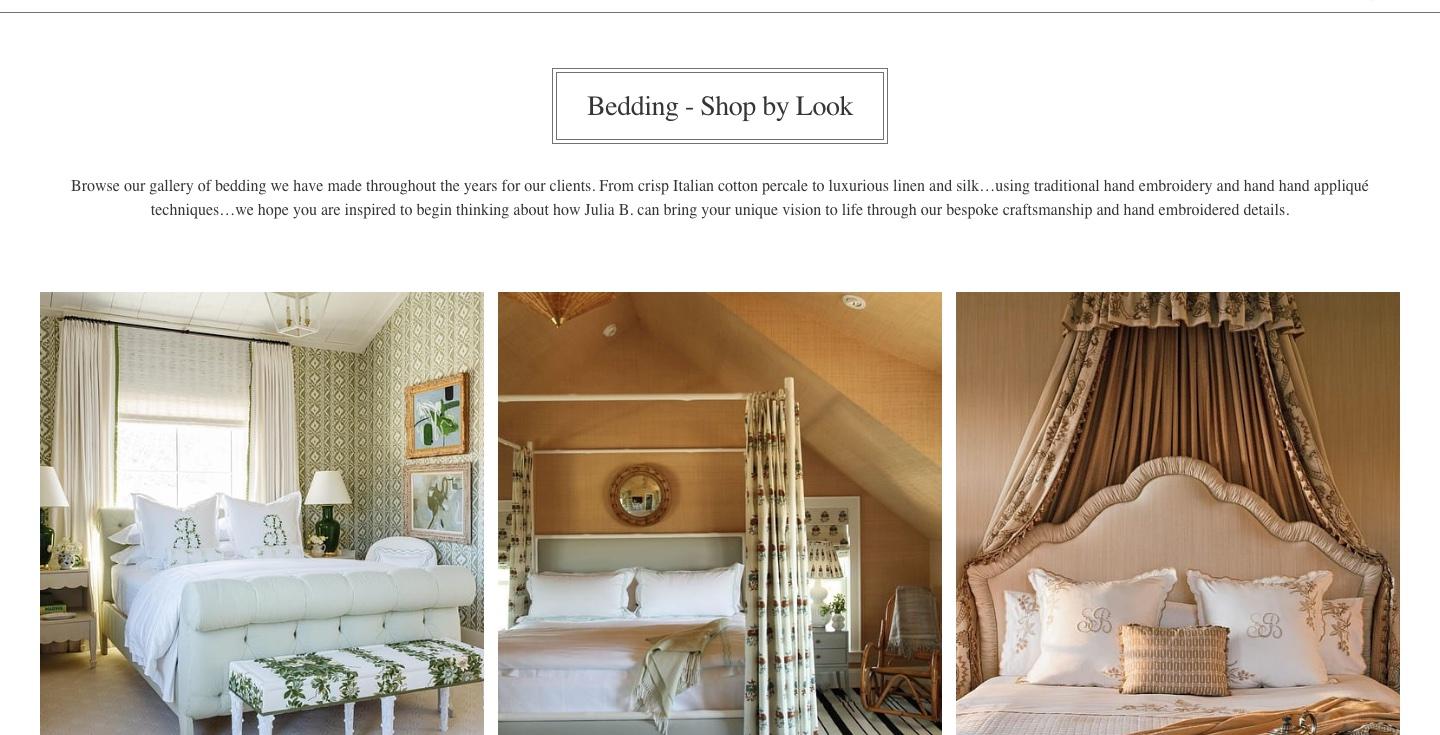 Julia B. Casa Bedding - Shop by Look page with an intro line and a gallery of three bedrooms dressed in monogrammed and embroidered bed linens
