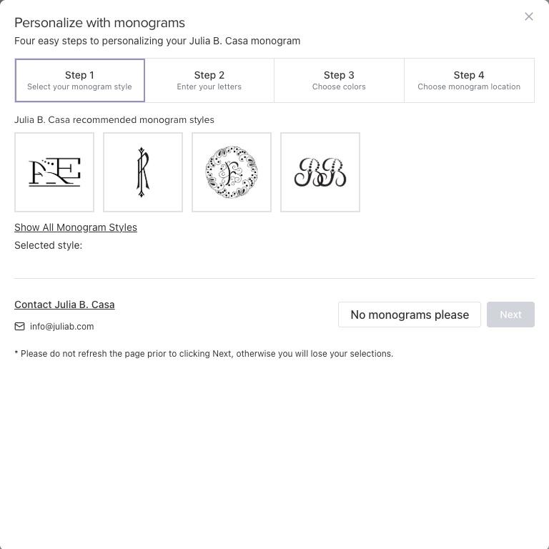 Personalize with monograms window showing four steps (select your monogram style, enter your letters, choose colors, choose monogram location) and four recommended monogram styles