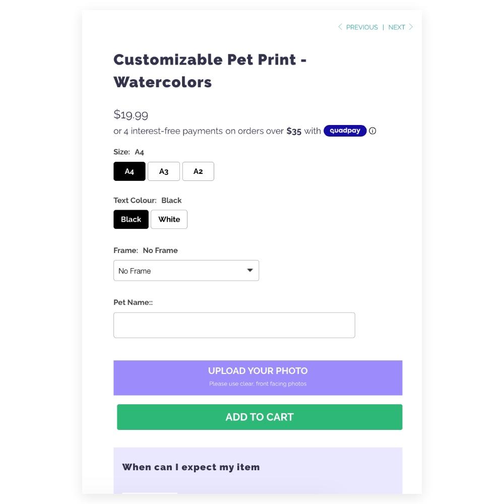 Customizable Pet Print product page showing the price $19.99, size choices A4, A3 and A2, text colour choices, a frame list, a pet name field, an Upload your photo button and an Add to cart button