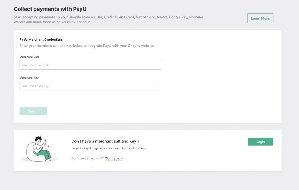 Collect payments with PayU page: a line listing UPI, credit and debit card, net banking, Paytm, Google Pay, PhonePe and wallets, fields for a merchant salt and key, and a card asking whether the merchant has a salt and key