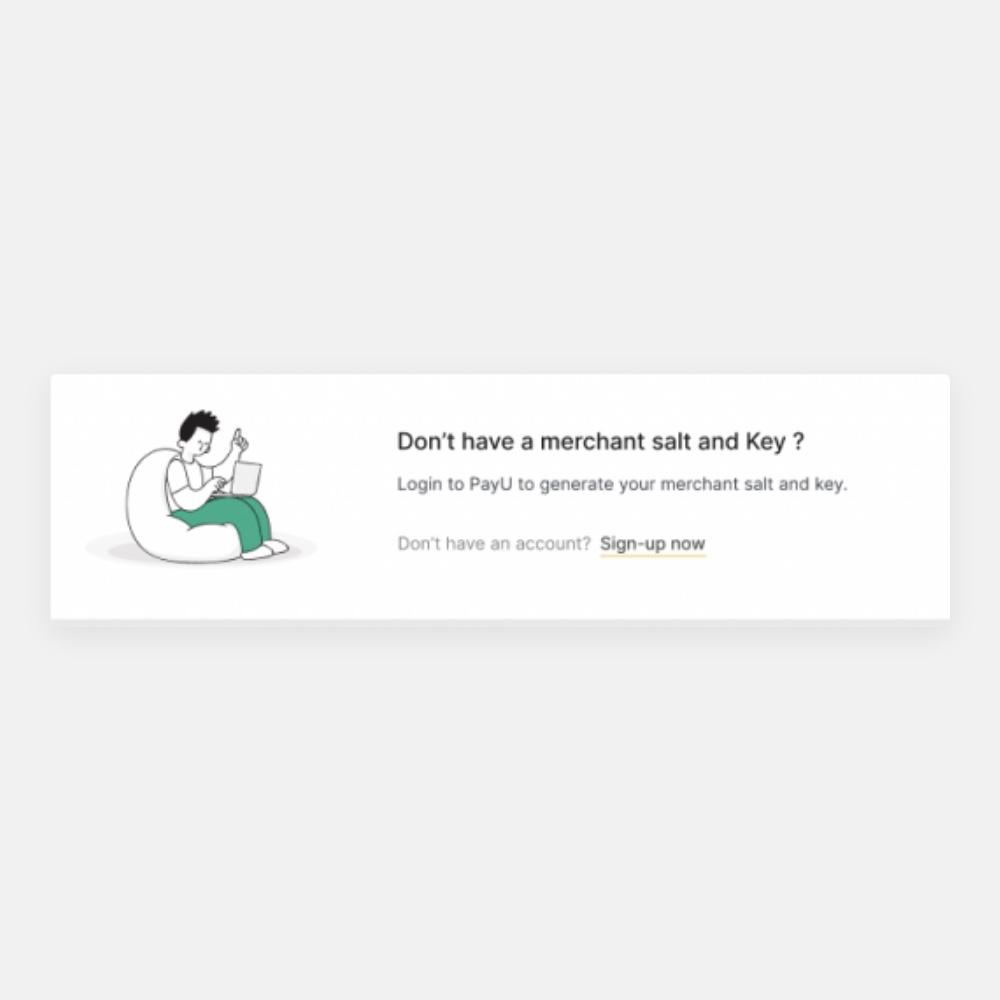 PayU app card with an illustration of a person on a bean bag with a laptop, asking Don't have a merchant salt and key, with a login button and a sign-up link