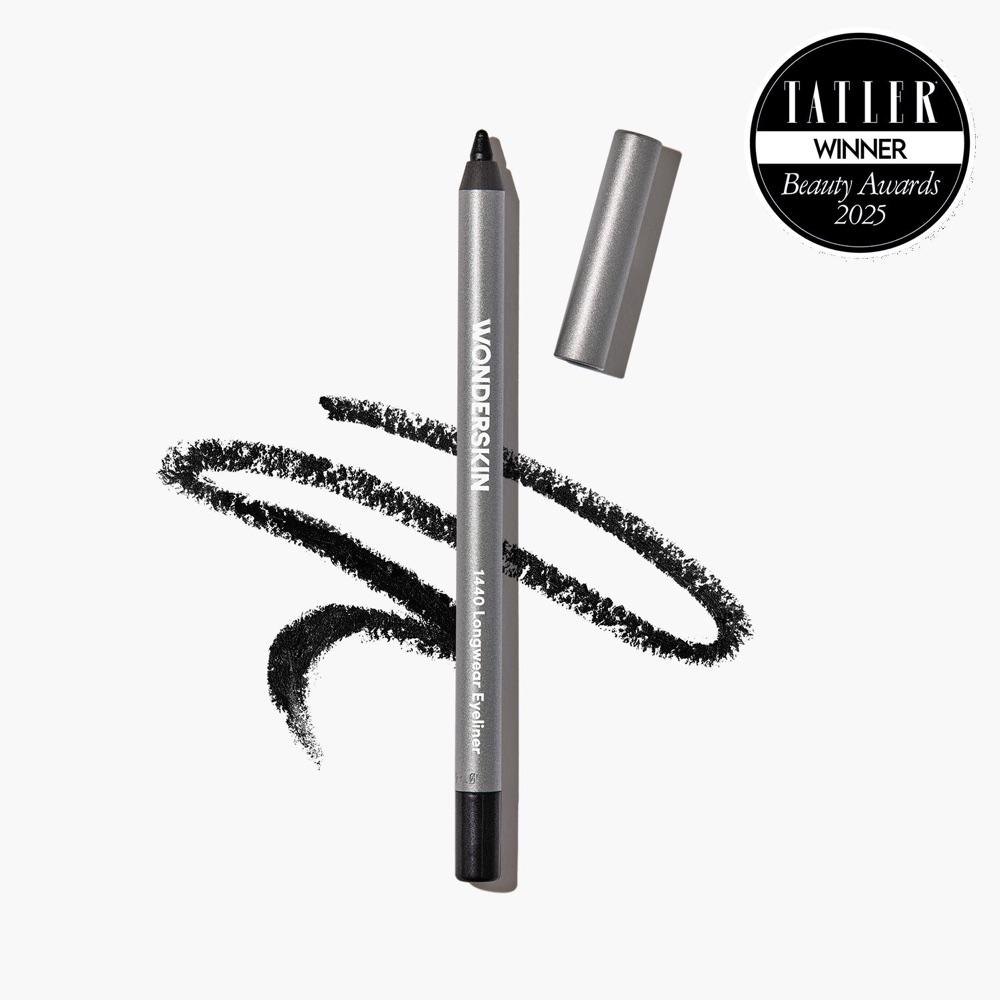 Wonderskin 1440 Longwear Eyeliner in a silver pencil with its cap, and a black scribbled swatch