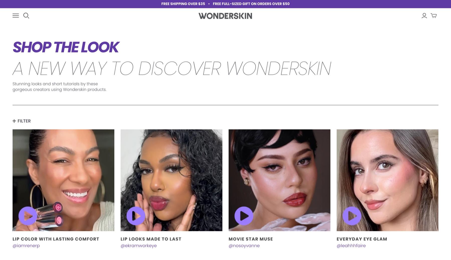 Wonderskin Shop the Look page with the heading A new way to discover Wonderskin and a row of four creator look cards, each with a play button, a title and a creator handle