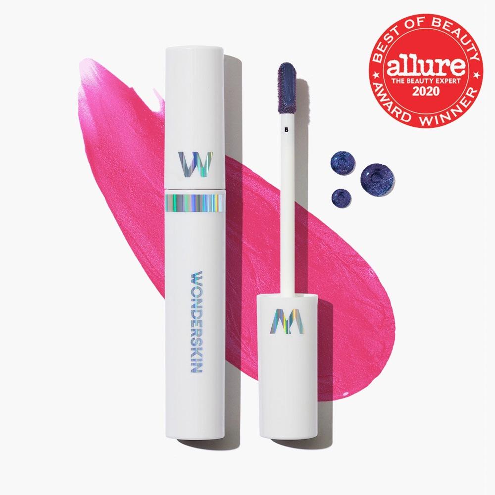 Wonderskin Wonder Blading All-Day Lip Stain in a white tube with a holographic band, with a bright pink swatch and its blue applicator