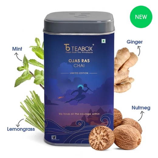 Teabox Ojas Ras Chai tin with mint, ginger, nutmeg and lemongrass